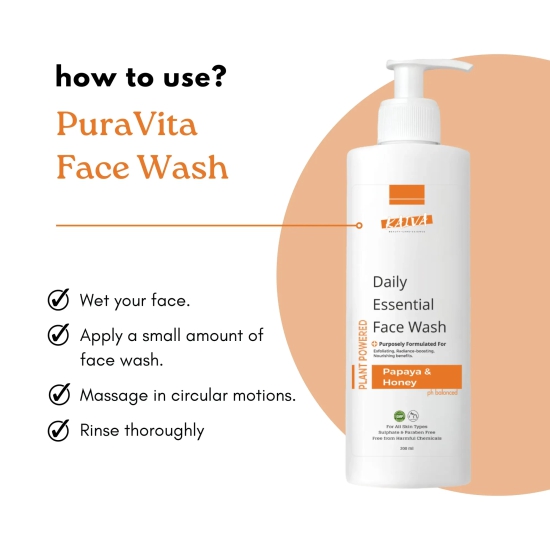 PuraVita Papaya & Honey Face Wash – For Women & Men | Sulphates & Paraben Free – 200 ml