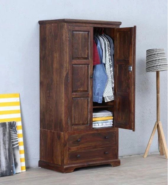 Solid Teak Wood 2 Door Wardrobe-Brown