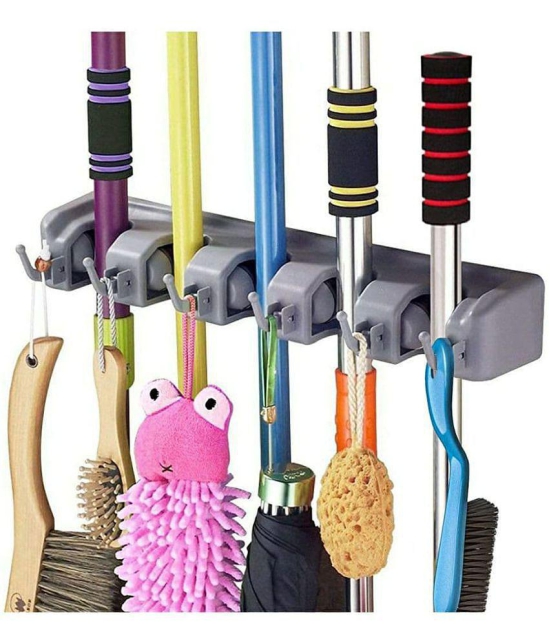 KP Mart ABS Plastic Multipurpose Wall Mounted Magic Holder 5 Slot Broom Holder and Mop Organizer Storage 5 Position 6 Hooks for Kitchen Garden(Multicolor) - Multicolor