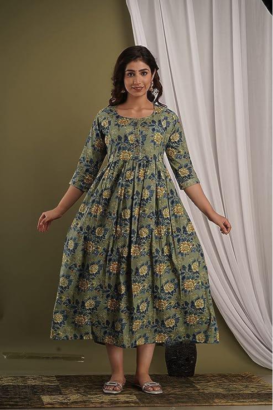 KASHVI Creation Women's Cotton Floral Printed Anarkali Maternity Feeding Kurti-Green