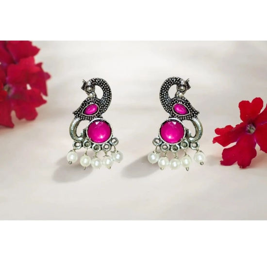 Earrings For Women Oxidised Silver Peacock Shape Jhumki Earrings For Girls And Women - Light Pink