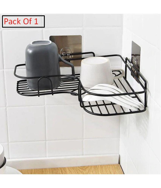 HOMETALES - Stainless Steel Iron coating Self-Adhesive Metal Bathroom Corner Rack Storage Shelves - Black Color