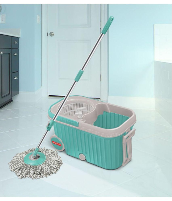 Spotzero by Milton Elite Spin Mop with Bigger Wheels and Plastic Auto Fold Handle for 360 Degree Cleaning (Aqua Green, Two Refills) - Sea Green