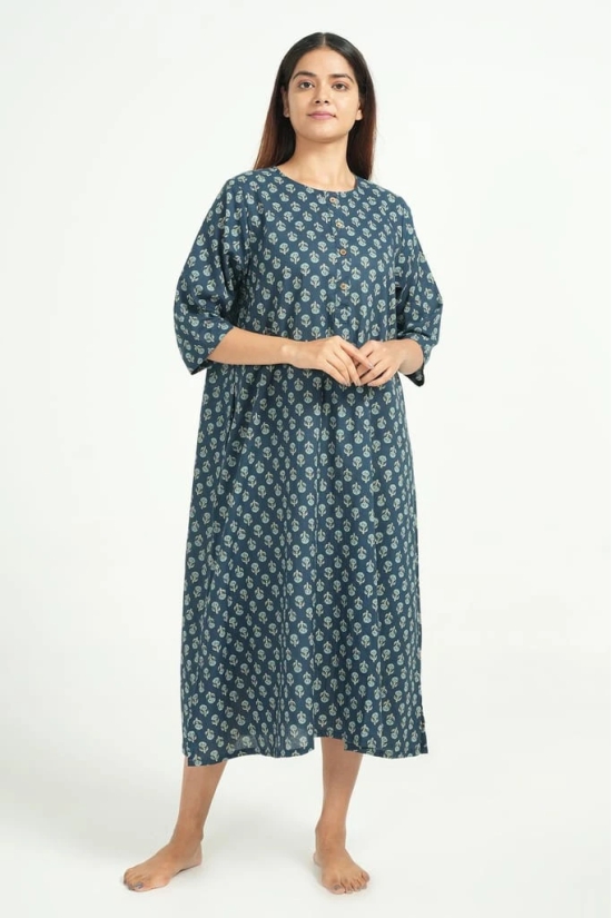 BREATHABLES Women Cotton Printed Loungewear Dress Short Sleeve Round Neck Comfort Loose Fit Blue(Night Wear | Nighty |  Nightie )