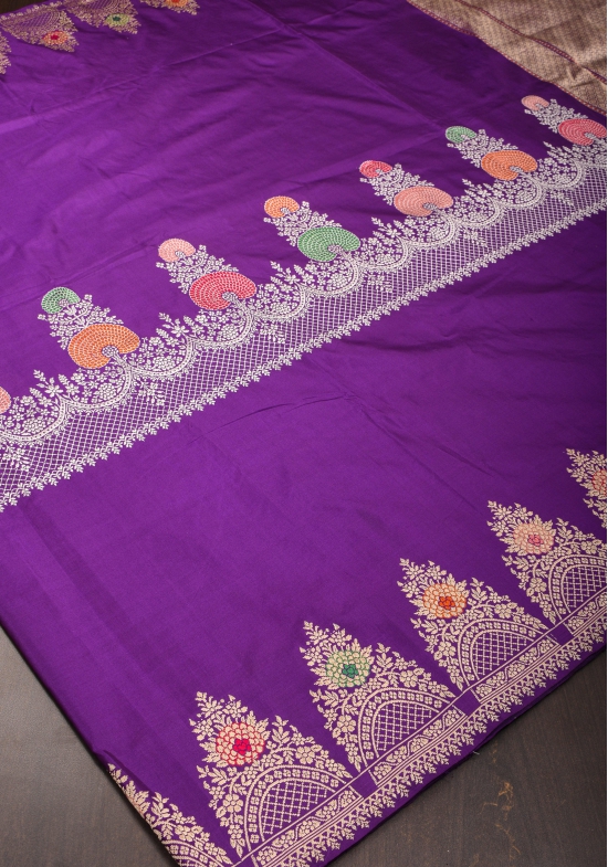 Purple Royal Meenakari Curvilinear Panel Banarasi Katan Silk Saree  | SILK MARK CERTIFIED