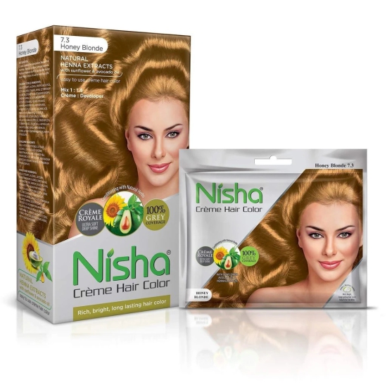 Nisha Creme Hair Color Combo Pack 7.3 Honey Blonde (120g Box & 40g Pouch), Permanent Hair Colour for Women & Men