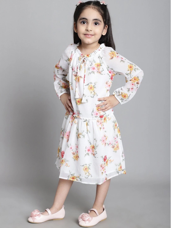 MINI & MING Girls Floral Print Tie-Up Neck Puff Sleeve A-Line Dress