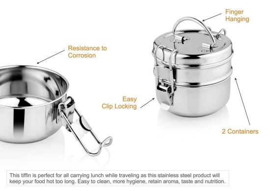 URBAN SPOON Stainless Steel Lunch Box 2 Tier, Steel Box for Lunch, Clip Lock Lunch Box - 450 Ml