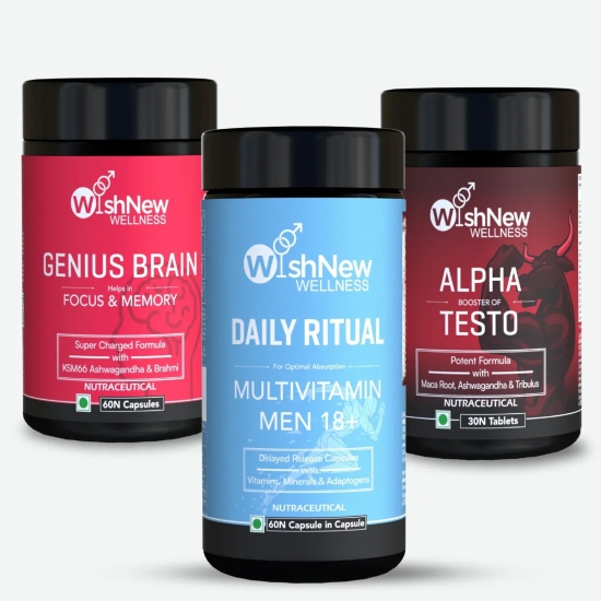 Wishnew Wellness Men's Performance Trio: Daily Ritual Multivitamin Men 18+ + Alpha Booster of Testo + Genius Brain