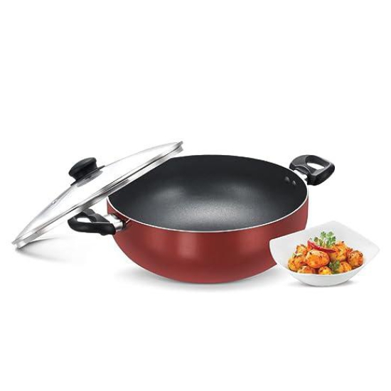 Prestige Omega Deluxe Aluminium Non Stick Round Base Deep Kadai with Glass Lid 30 Cm (Red)