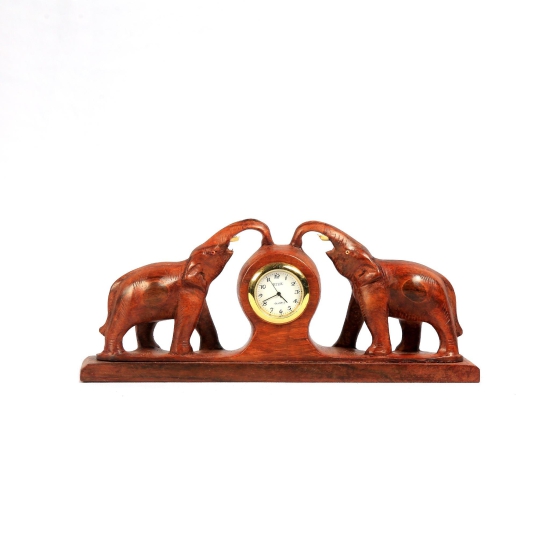 Wooden Dual Elephant Table Clock | Table Top Decor-