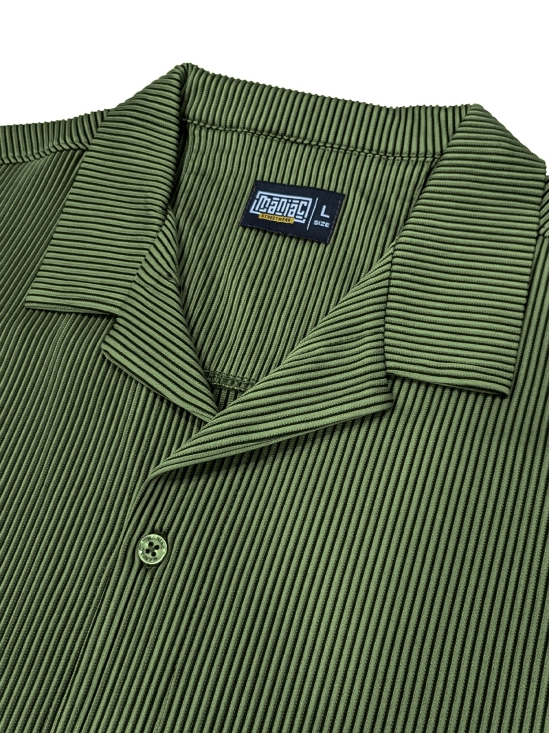 Stripe Textured Olive Half Sleeve Shirt-L / Olive