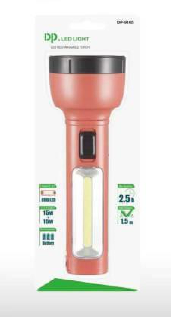 DP 9165 (RECHARGEABLE LED TORCH) With Built-in Emergency light, 15W Torch + 15W Emergency Light Torch