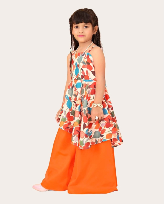 Girls Printed Stylish Flared Palazzo With Crop Top-Orange / 6 - 7 Years