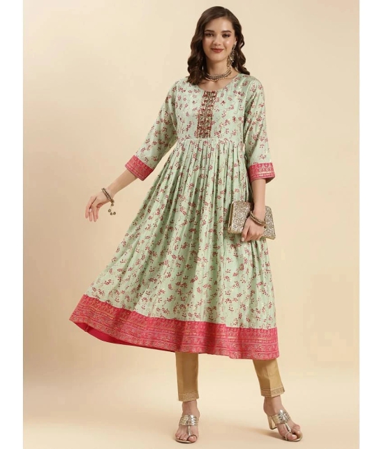 Rangita Women Sea Green Silk Embroidered Calf Length Anarkali Kurti - None