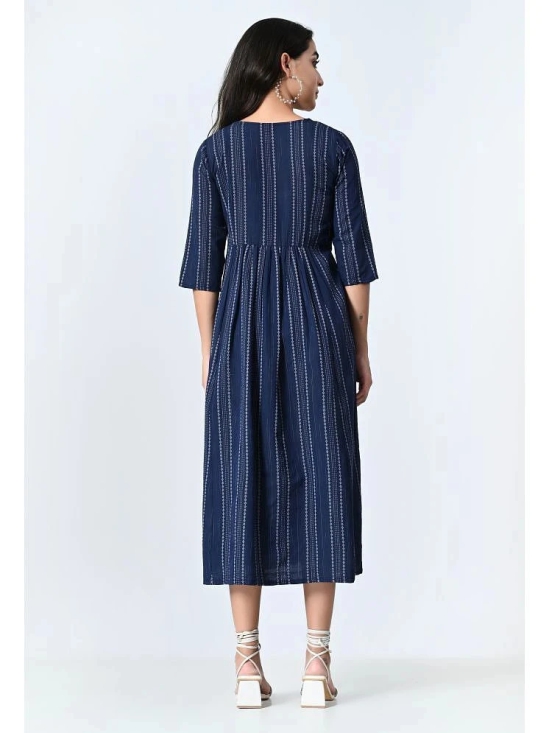 AMBI Cotton Blend Striped Midi Womens Fit & Flare Dress - Blue ( Pack of 1 ) - None