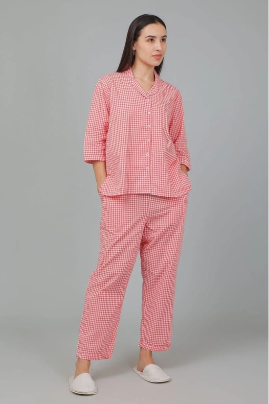 BREATHABLES Women Cotton Checks Nightsuit Shirt and Pants Co-ord Set 3/4 Sleeve Notched Collar Comfort Loose Fit (Night Wear | Co-ord set | Lounge Wear Set)