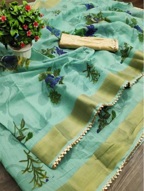 Fancy Womens Linen Printed Sarees.-Free Size / Blue