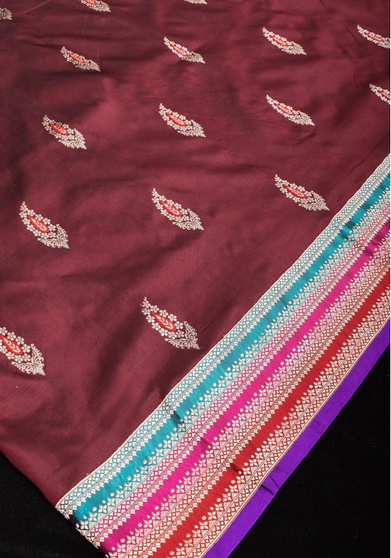 Multicolor Border Brown Pure Banarasi Katan Silk Saree with Meenakari Buttas | SILK MARK CERTIFIED