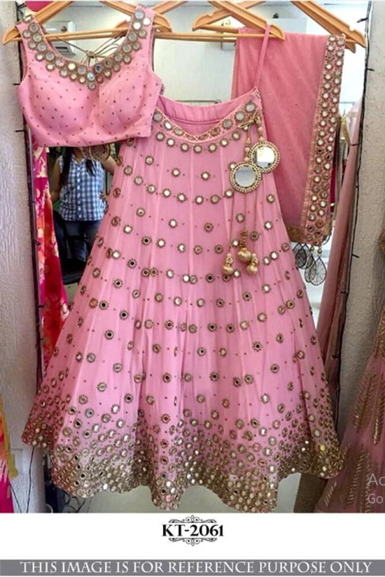 Latest Attractive Satin Mirror Work Semi Stitched Lehenga Choli-Pink