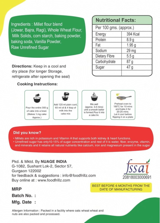 foodfrillz Millet Cake Premix (Classic Vanilla) 300 g and Whipping Cream Powder (Vanilla) 100 g Combo Pack