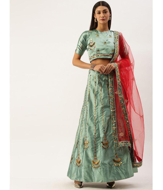 Om Shantam Sarees Green,Pink Silk Blends Chaniya Choli Semi Stitched Lehenga Single - Free Size