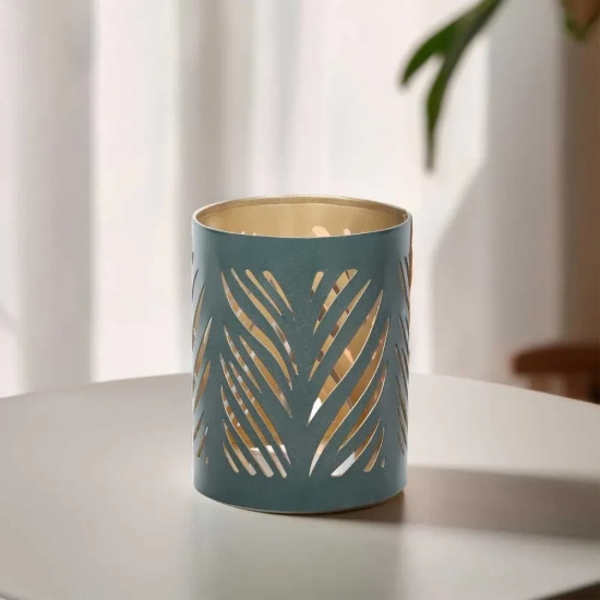 Jaali Leaf Metal Candle Holder Green