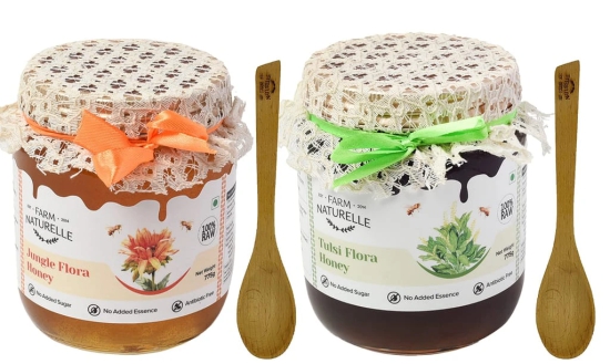 Farm Naturelle- Vana Tulsi Forest Flower Hone & Jungle Flower Wild Forest (Jungle) Honey/100% Pure/Raw/Natural/Un-processed/Un-heated/Lab Tested/Glass Bottle-(700gm+75gm Extra+Wooden Spoons. ) x 2 Sets.