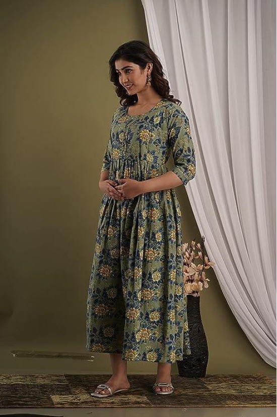 KASHVI Creation Women's Cotton Floral Printed Anarkali Maternity Feeding Kurti-Green