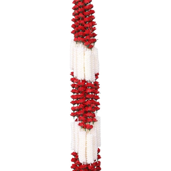 Smizzy Decioration Flowers Garlands for Home Decoration Plastic and Fabric (White Mogra/Jasmine with Red Roses, 5 feet, Pack of 4) Toran Garland String for Home Door Decoration Wedding Pooja Room