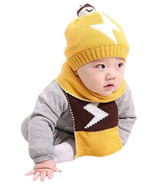 Penyan Winter Woolen Beanie Cap for Babies Girls & Boys with Muffler (Yellow) - None