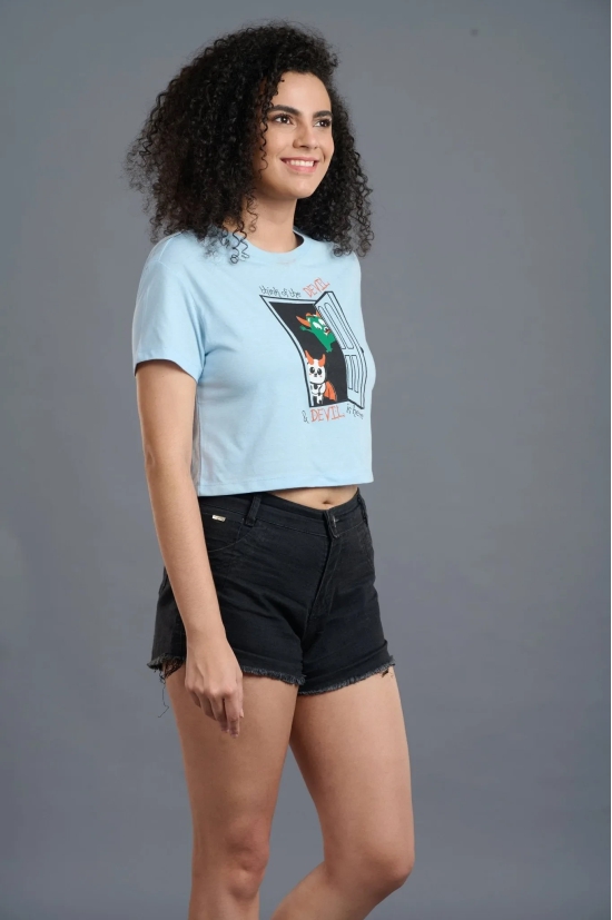 Think Of The Devil & Devil Is Here Printed Blue Crop Top for Women XXL