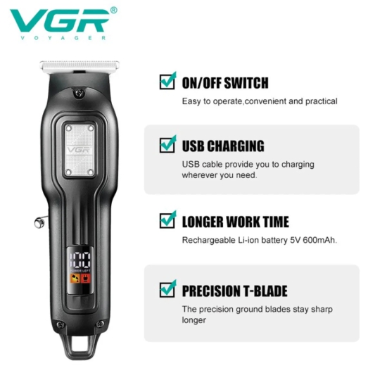 VGR V-918 Professional Hair Trimmer with Precision T-Blade LED Display and 100-Minute Runtime Black-VGR V-918 Professional Hair Trimmer with Precision T-Blade, LED Display, and 100-Minute Runtime