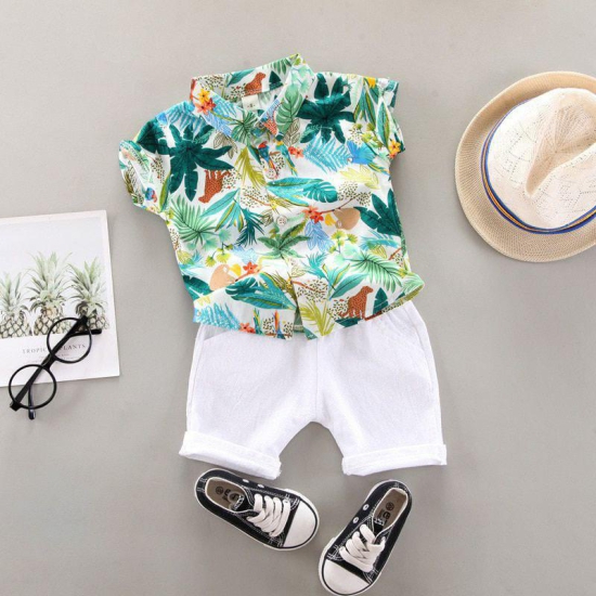 2pcs Baby Boy Green Leaf Print Short-sleeve shirt and Solid Shorts Set+Kids Beach Style Clothing Children Outfits-1-2 YEAR