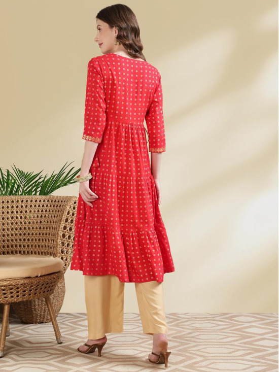 Rangita Women Rayon Red Embroidered Ankle Length Tiered Flared Kurti - None