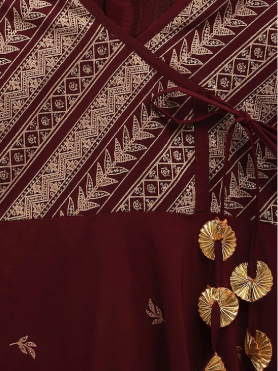 Girls Burgundy Ethnic Motifs Printed Angrakha Kurta