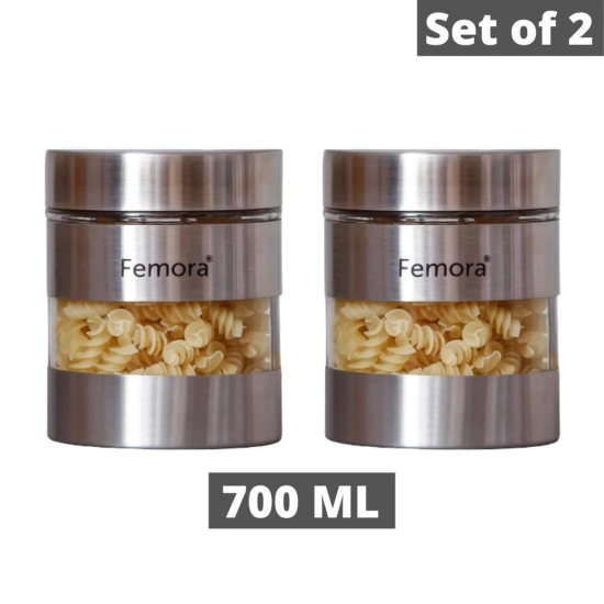 Femora Clear Glass Steel Metallic Jars for Kitchen Storage, 1000 ML, Free Replacement of Lids