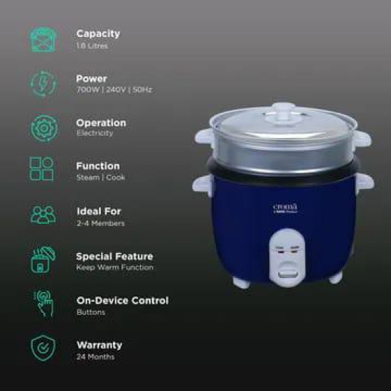 Croma 1.8 Litre Electric Rice Cooker with Keep Warm Function (Dark Blue)