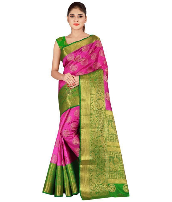 fab woven - Pink Silk Blend Saree With Blouse Piece ( Pack of 1 ) - Pink