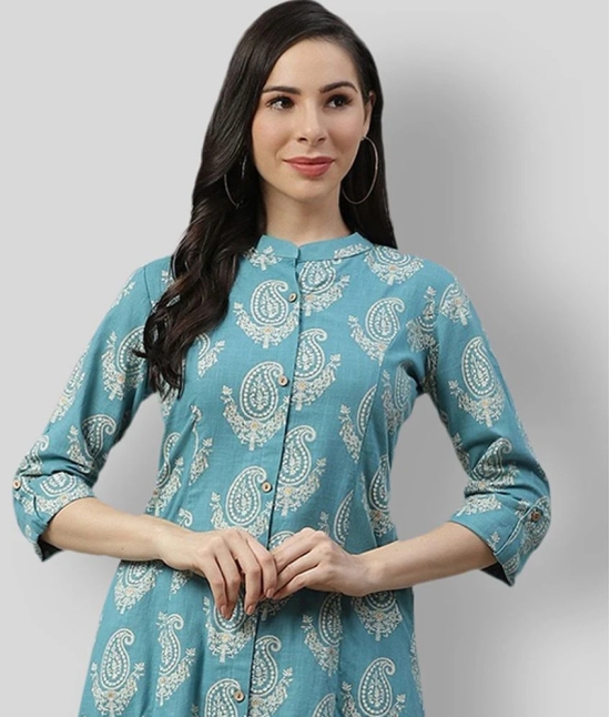 Divena - Turquoise Cotton Womens Front Slit Kurti ( Pack of 1 ) - 3XL