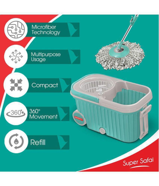 Spotzero by Milton Elite Spin Mop with Bigger Wheels and Plastic Auto Fold Handle for 360 Degree Cleaning (Aqua Green, Two Refills) - Sea Green