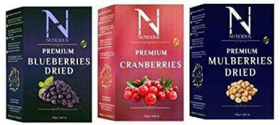 NUTICIOUS Premium Berries Set of Combo Pack (Bluberries 250gm+Cranberries 250 gm ,Mulberries 250gm)Pack of 3 Dryfruits, Nuts and Berries