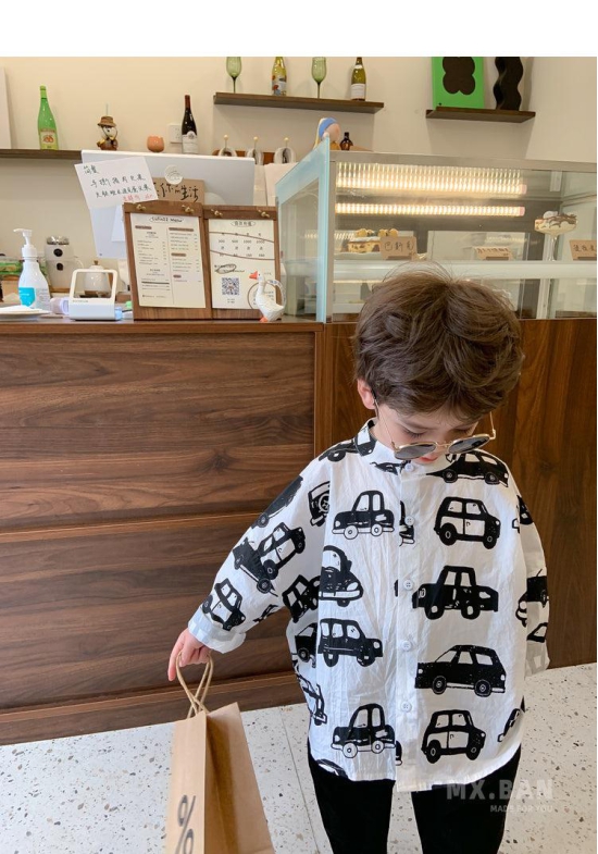 Children's Clothing Boys' white car Printed Short-Sleeved Shirt Summer Children Pure Cotton Shirt SprinG-6_12_MONTH