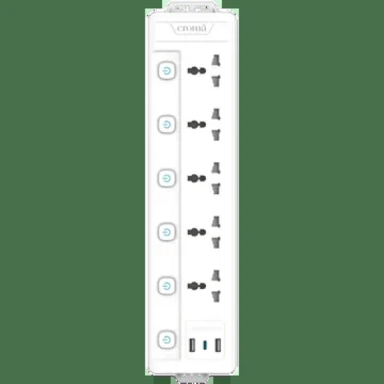 Croma 6 Amps 5 Sockets Surge Protector (2 Meters, Child Safety Shutters,White)