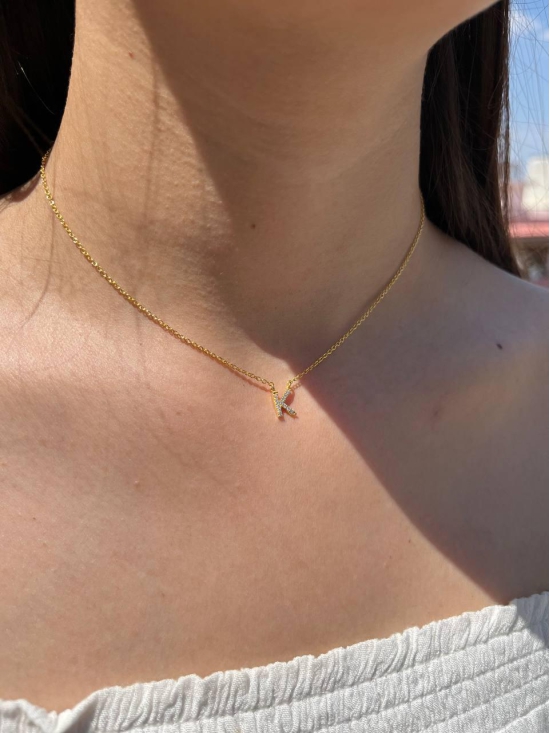 Custom Dainty Pave Letter Necklace with CZ Diamonds-18k Gold Plated / R