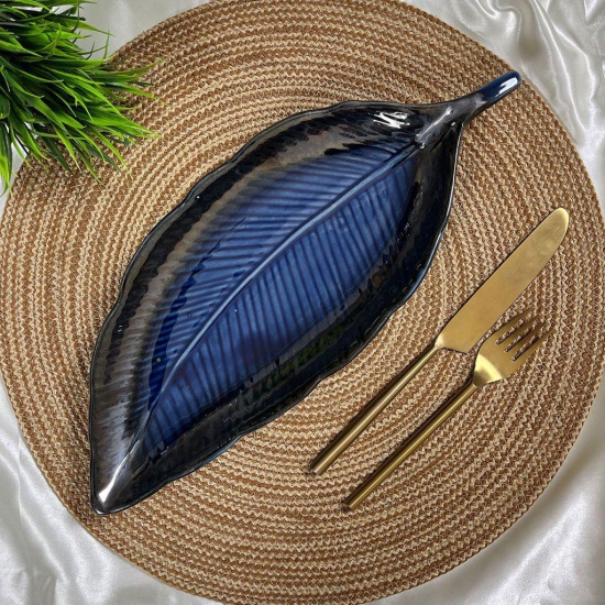 Ceramic Dining Royal Blue Leaf shaped ceramic Platter