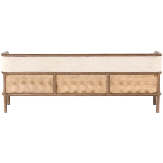 Wooden Twist Teak Wood Sofa with Curved Framing and Natural Cane Rattan Paneling - Plush Seating in Soft Fabric-3 Seater / Cream