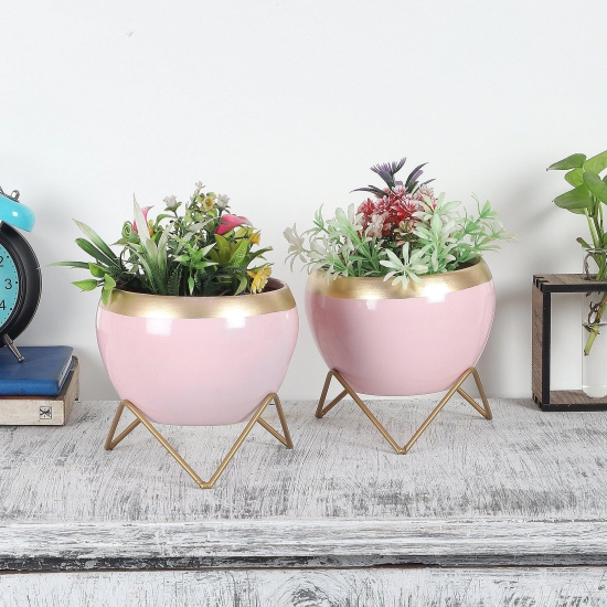 Apple Shape Metal Pink & Gold Planter (Set of 2)-Pink & Gold