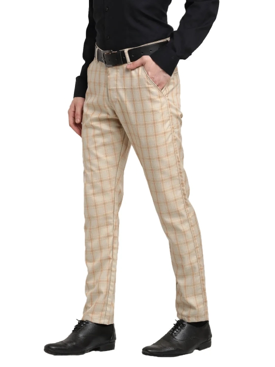 Indian Needle Men's Cream Cotton Checked Formal Trousers-30 / Cream