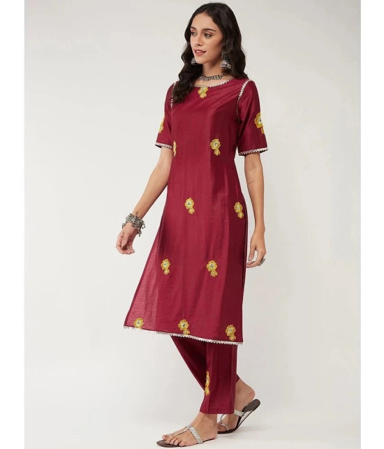 Pannkh Viscose Embroidered Straight Womens Kurti - Maroon ( Pack of 1 ) - None